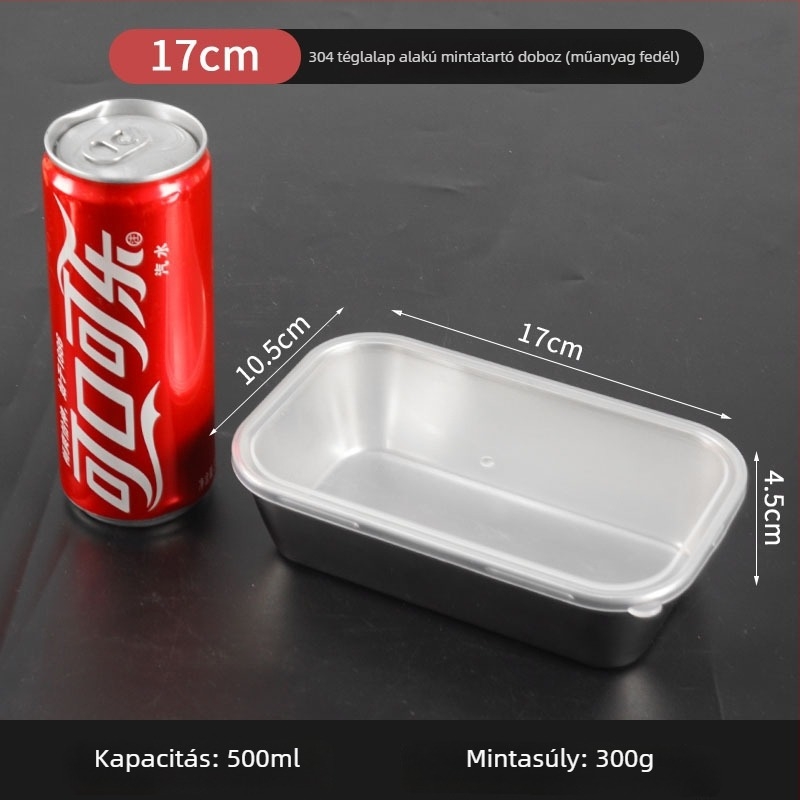 304 rozsdamentes acél minta tárolókészlet: kör alakú fedeles tál és vastagított négyszögletes mintatároló üveg, élelmiszer-minőségű