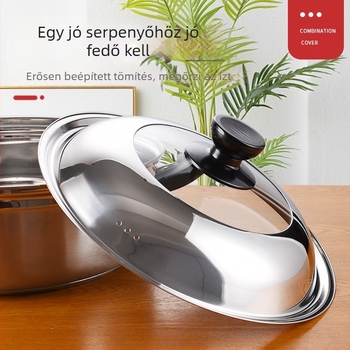 Manulife vastagított rozsdamentes acél wokfedő, átlátszó üvegfedő ívelt kialakítással, univerzális méret 26–40 cm
