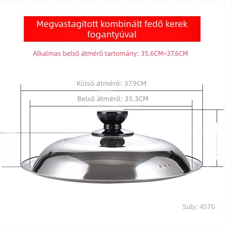 Manulife vastagított rozsdamentes acél wokfedő, átlátszó üvegfedő ívelt kialakítással, univerzális méret 26–40 cm