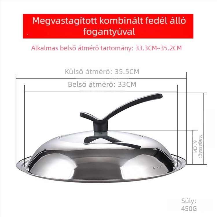 Manulife vastagított rozsdamentes acél wokfedő, átlátszó üvegfedő ívelt kialakítással, univerzális méret 26–40 cm
