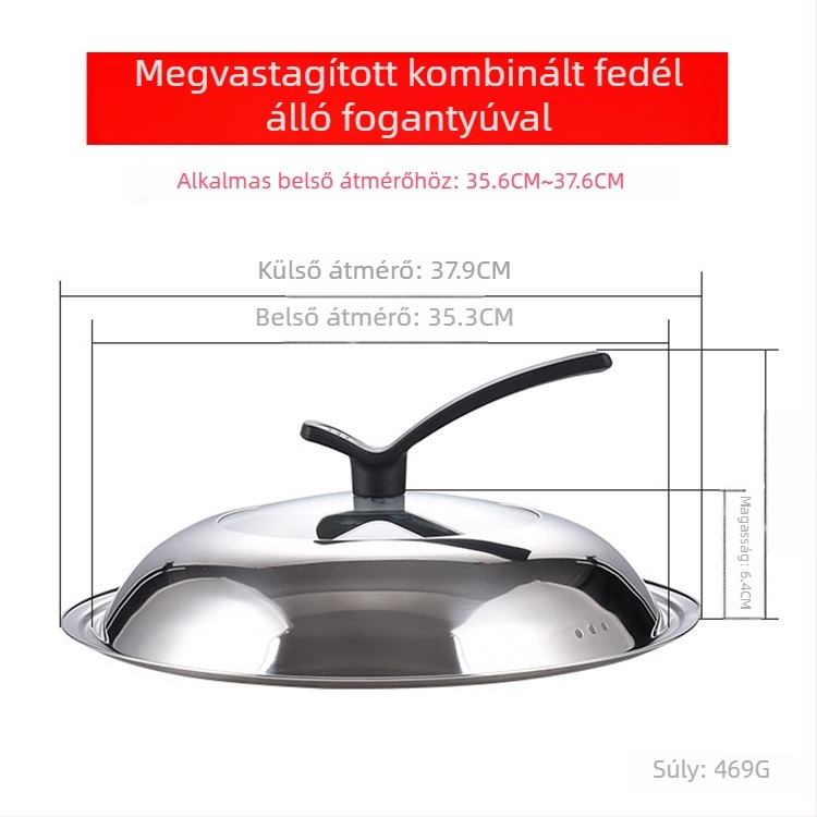 Manulife vastagított rozsdamentes acél wokfedő, átlátszó üvegfedő ívelt kialakítással, univerzális méret 26–40 cm
