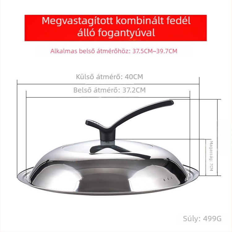 Manulife vastagított rozsdamentes acél wokfedő, átlátszó üvegfedő ívelt kialakítással, univerzális méret 26–40 cm