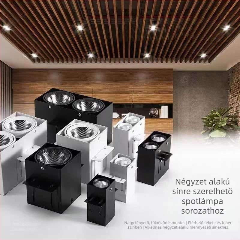 Négyszögletes csatornás LED világítás alumínium- és faanyagú házban, dupla fejű felületi rögzítésű grille- downlight beépített világítótest