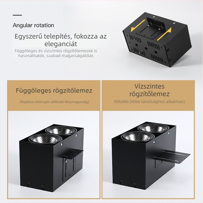 Négyszögletes csatornás LED világítás alumínium- és faanyagú házban, dupla fejű felületi rögzítésű grille- downlight beépített világítótest