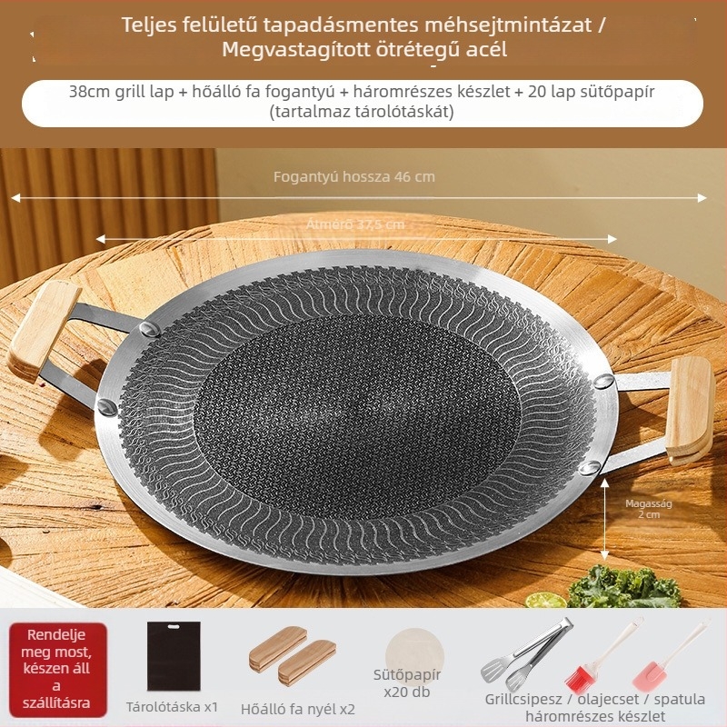 Megvastagított rozsdamentes acél méhsejt grillserpenyő kültéri barbecue-hoz, tapadásmentes sík felülettel, kompatibilis indukciós főzőfelülettel, gázfőzőkkel és kazettás tűzhellyel