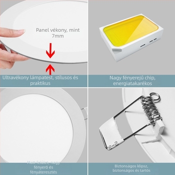 Ultra vékony beépíthető LED mennyezeti világítótest, kör alakú 75 mm panel, nyílással és rácsozattal