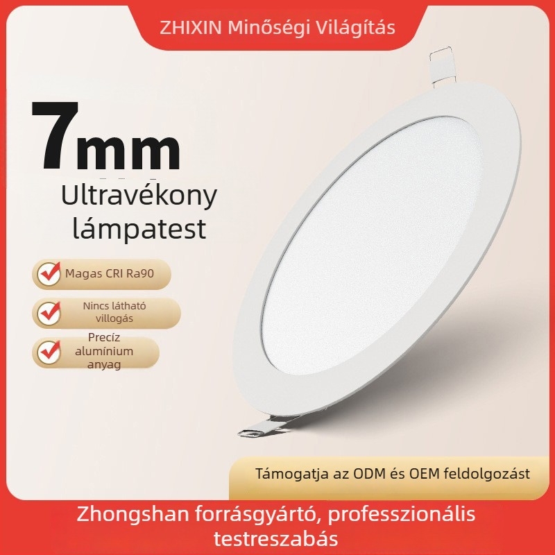 Ultra vékony beépíthető LED mennyezeti világítótest, kör alakú 75 mm panel, nyílással és rácsozattal