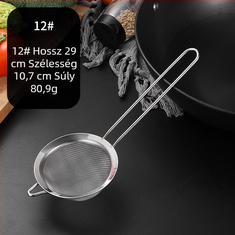 304 rozsdamentes acél hálós szita füllel az akasztáshoz, hegyes végű, szitáló kanál liszthez, szójatejhez és gyümölcslevekhez