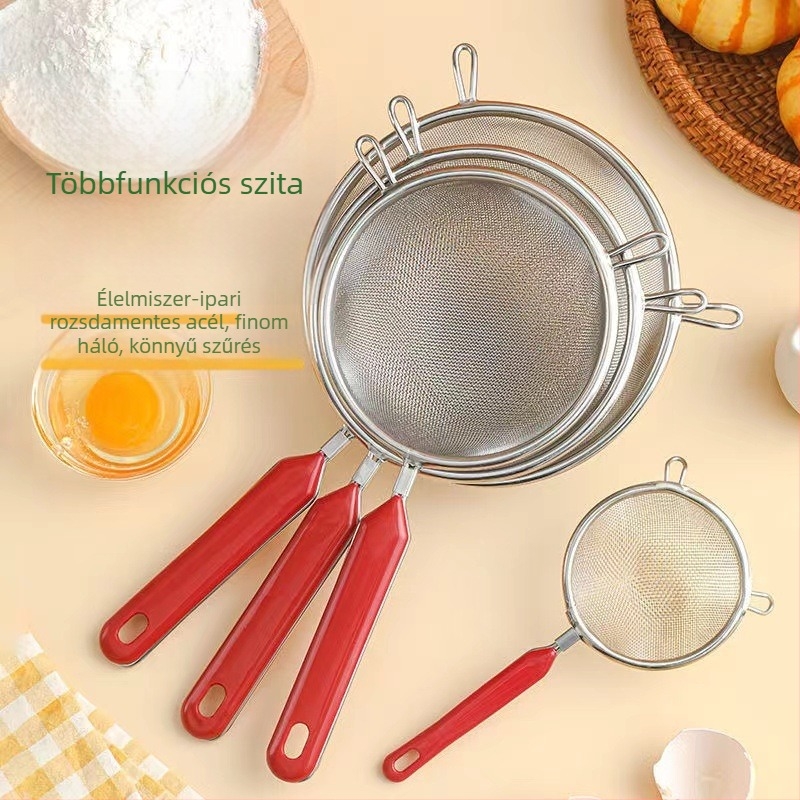 Rozsdamentes acélból készült finomító szita kézi szűrővel, szójatejhez, babaételekhez és sütéshez