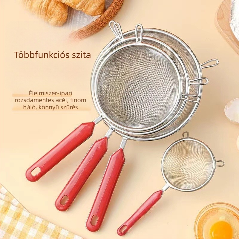 Rozsdamentes acélból készült finomító szita kézi szűrővel, szójatejhez, babaételekhez és sütéshez