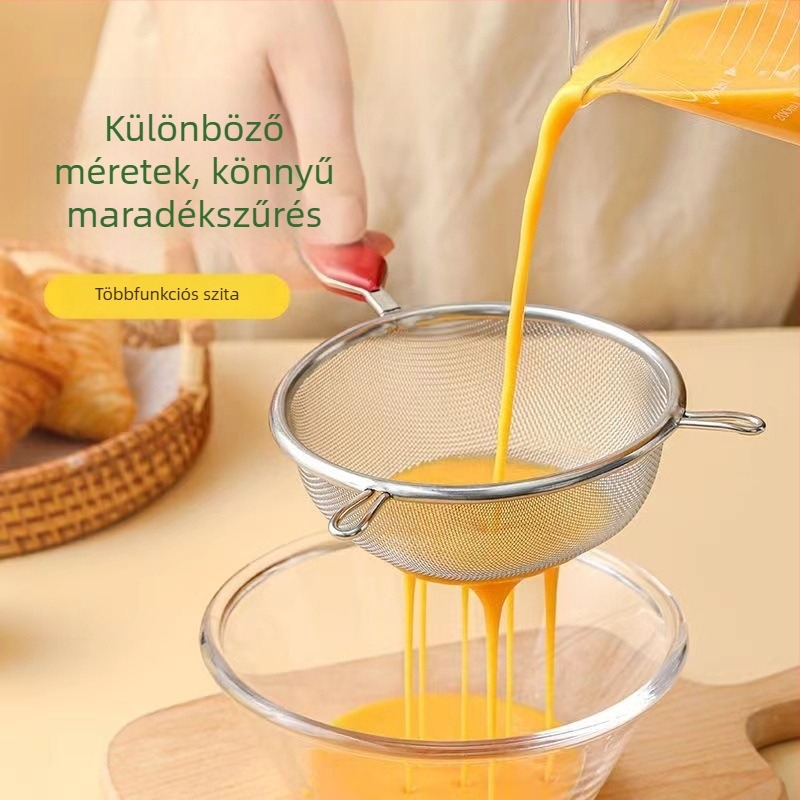 Rozsdamentes acélból készült finomító szita kézi szűrővel, szójatejhez, babaételekhez és sütéshez
