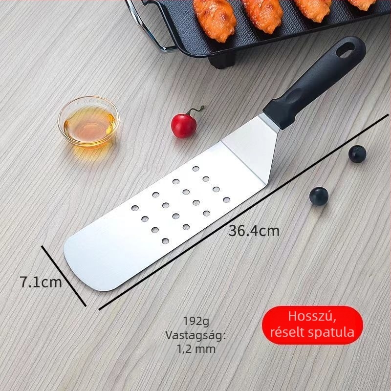 Rozsdamentes acél teppanyaki spatula gumírozott nyéllel — palacsinták, sütemények és steakhez, japán stílus