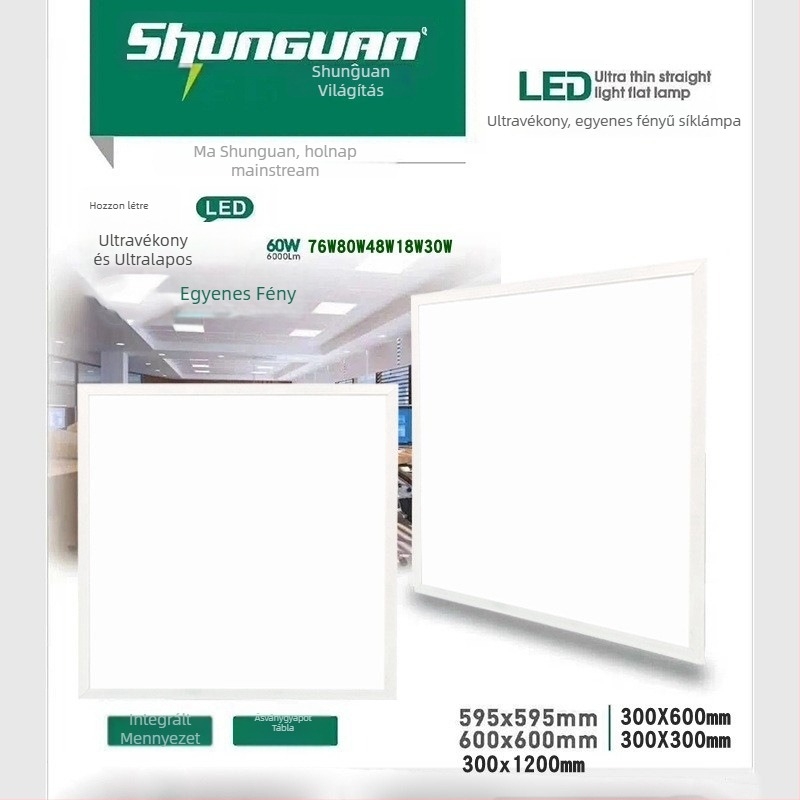 Shunguan LED síkpanel világítás 600x600, rejtett rácsos panel kőzetgyapot táblával, irodai panel 60x60 cm