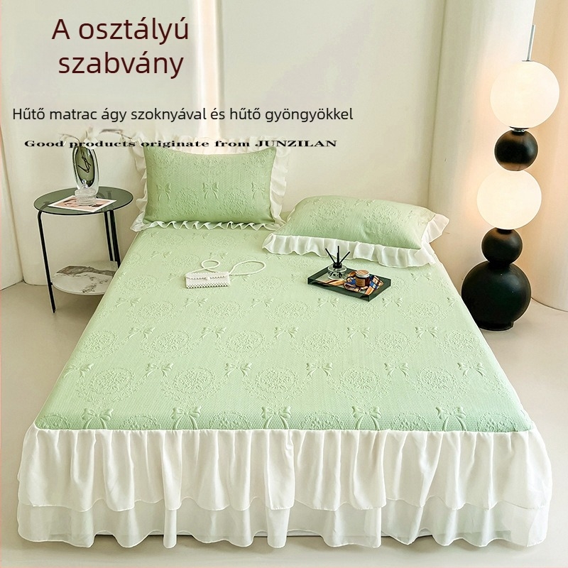 Jacquard hűtő matrac – 3 részes szett ágyszoknyával, mosható, összecsukható, kollégiumi egyszemélyes ágyhoz