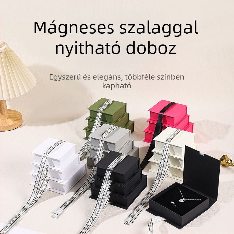 Kétoldalúan nyíló mágneses flip ékszeres doboz szalaggal, gyűrűknek, óráknak, nyakláncoknak és fülbevalóknak