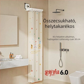 Összecsukható zuhanyfüggöny szívócsészékkel, fúrás nélkül, vízálló fürdőszobai válaszfal a száraz-nedves elválasztásához