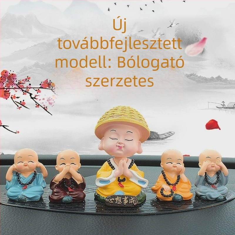Aranyos kis szerzetes fejét ingatja – autóba való dísz gyantából, rajzfilmszerű stílusban, áldás és béke