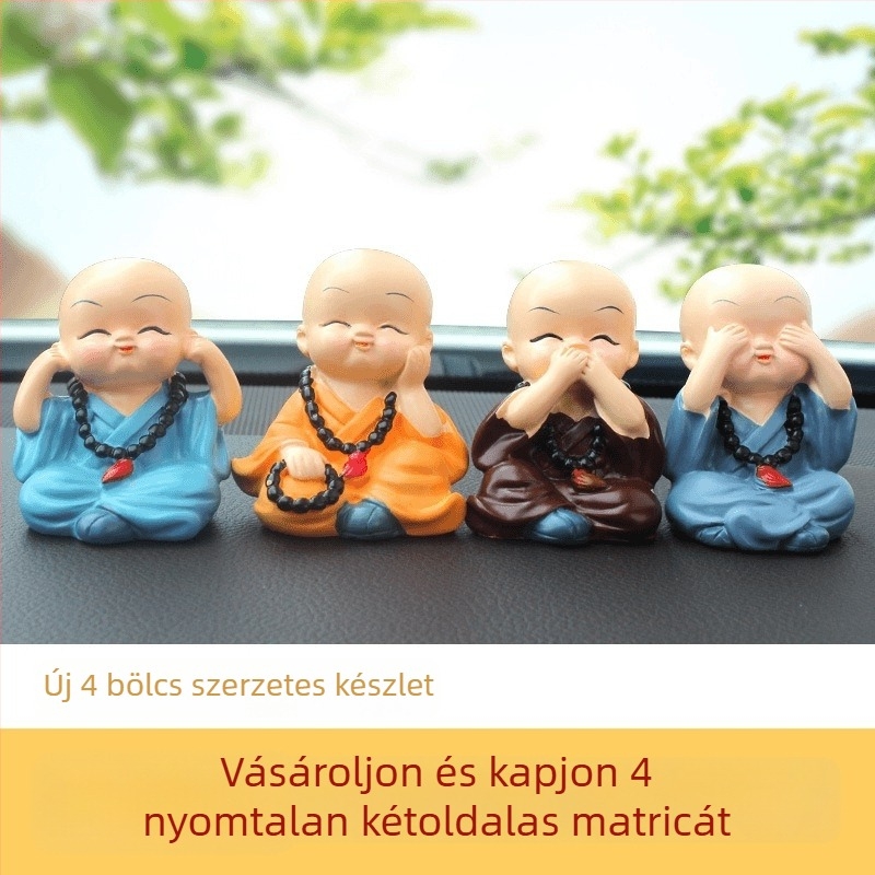 Aranyos kis szerzetes fejét ingatja – autóba való dísz gyantából, rajzfilmszerű stílusban, áldás és béke
