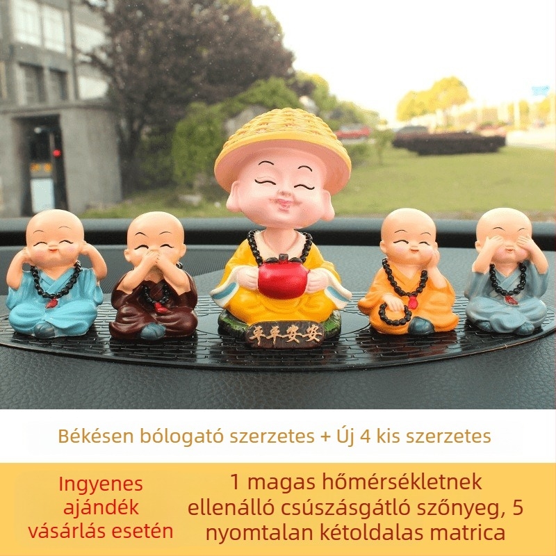 Aranyos kis szerzetes fejét ingatja – autóba való dísz gyantából, rajzfilmszerű stílusban, áldás és béke