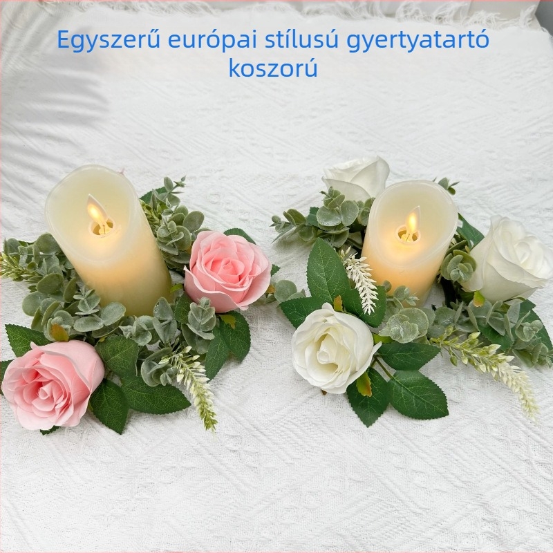 Mesterséges rózsa csokor és koszorú, 20 cm asztali középpont, gyertyatartóval és vázzal ünnepi dekorációhoz