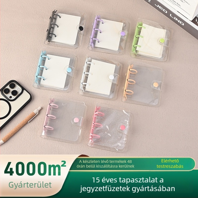 Átlátszó PVC fedéllel ellátott notesz, fém mini spirál kötés, logó nyomtatás és testreszabható tok