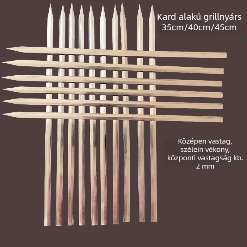 Rozsdamentes acél professzionális grillnyársak, sík nyársak, kard alakú báránynyársak, acél grillnyárs készlet