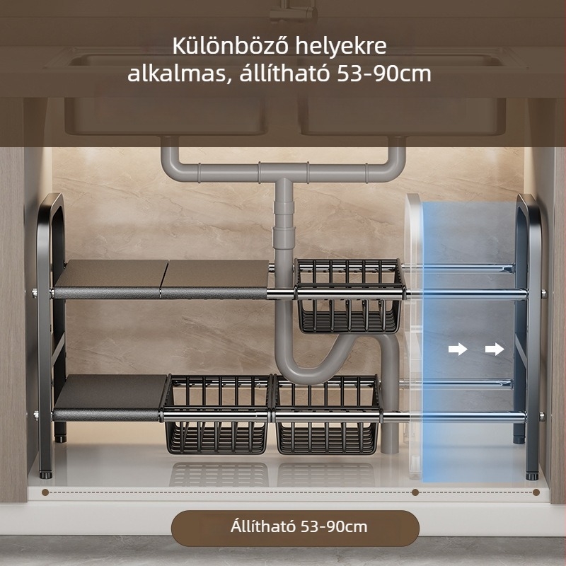 Kinyúló konyhai mosogató alatti tároló állvány rétegzett polcokkal és multifunkcionális elválasztóval edényekhez és kiegészítőkhöz