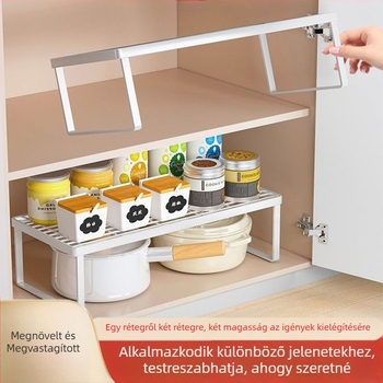 Konyhai pult és szekrény tárolóállvány, több rétegű elválasztó polccal, réteges tárolás, edény- és tányértartó, fűszertartó, fazekak a pultra
