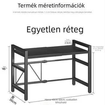 Konyhai tárolóállvány asztali elrendezésű, több szintes polcokkal, edények és mikró számára