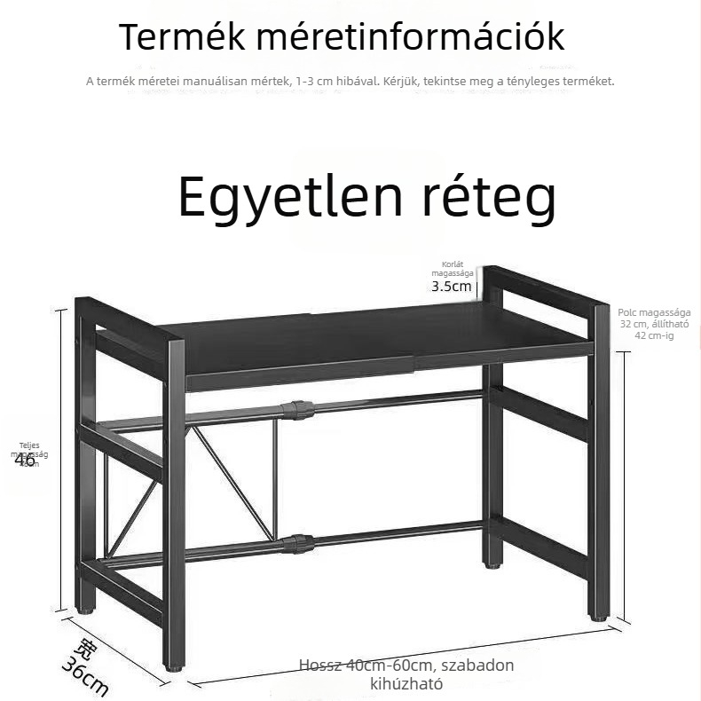 Konyhai tárolóállvány asztali elrendezésű, több szintes polcokkal, edények és mikró számára