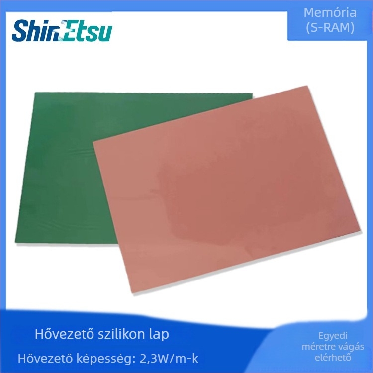 Mika-alapú hővezető szilikon lemez tápegységekhez és autóelektronikához, méretek 300 × 400 mm, vastagság 1–7 mm, hővezetés 2,3 W/mK, UL-94 V-0, szín: szürke‑pirosbarna