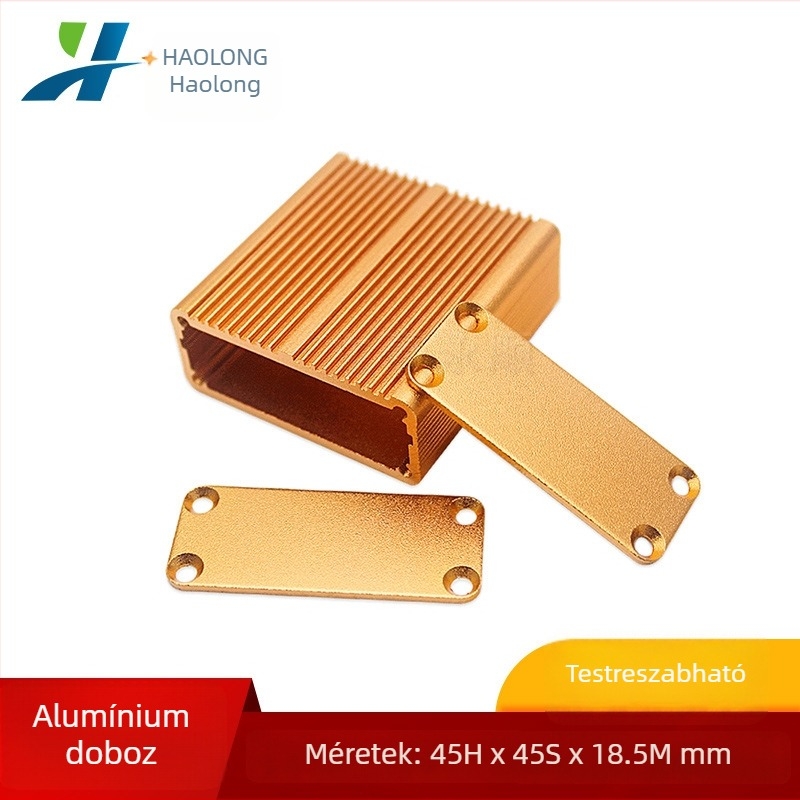 Split típusú hőelvezető alumínium ház, méretei 45×45×18,5 mm, PCB eszköz ház, arany színű alumínium doboz erősítőhöz