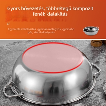 Rozsdamentes acélból készült vastagított leves edény lapos aljjal, nagy átmérő, dupla fül, 2,1–4 literes kapacitás, indukciós tűzhelyhez kompatibilis