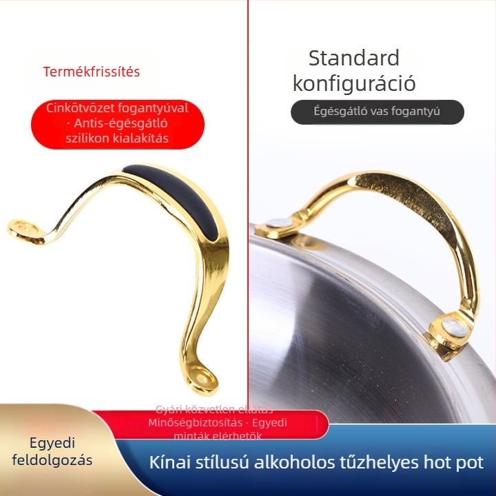 Kétoldalas forró fazék leveses tál, arany- és ezüstszín, vastított rozsdamentes acél, állítható szilárd alkoholfőző, Apple Dry Pot