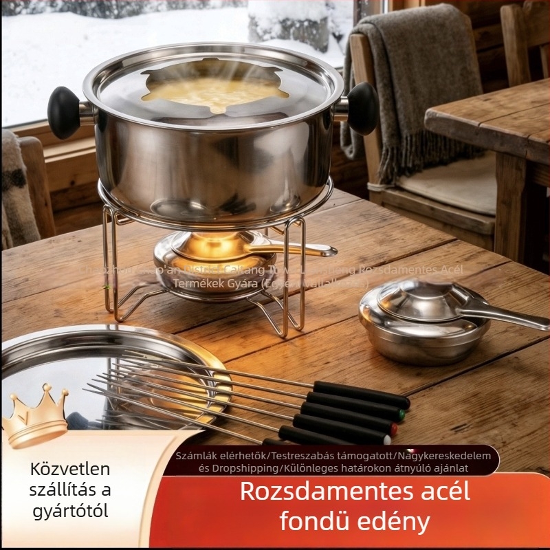 Rozsdamentes acélból készült sajtfazék, mini forrófazék alkohollal