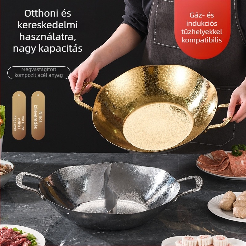 Rozsdamentes acélból készült háromrétegű hot pot, kalapált lotuslevél mintázatú belső és külső felülettel, Yin‑Yang tiszta leveshez