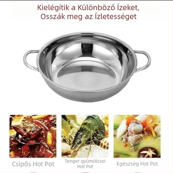 Vastagított rozsdamentes acélból készült hot pot tál tiszta leveshez, alkalmas száraz potra és shabu-shabu-ra, 2,1–4 L kapacitás, 24–38 cm átmérő, fedél nélkül, anyag 201 rozsdamentes acél.