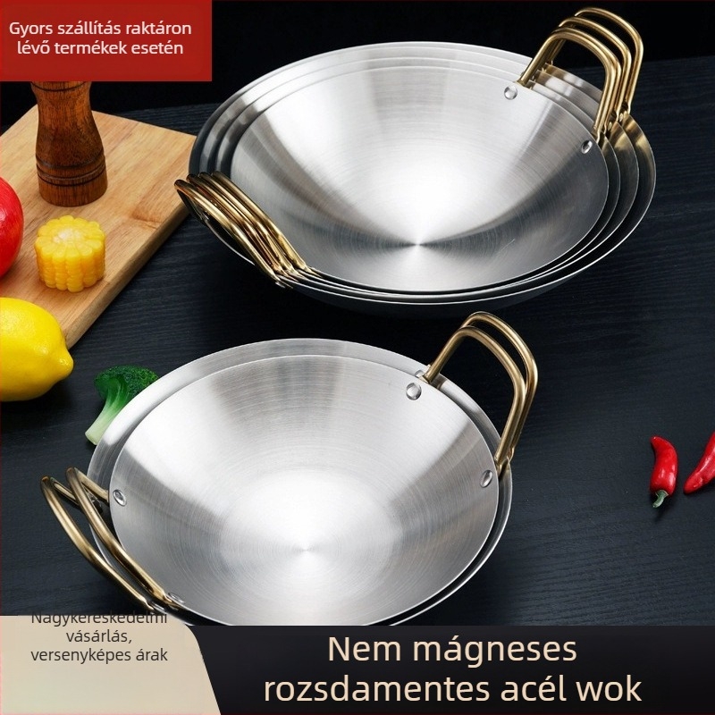 Nem mágneses rozsdamentes acél, koreai stílusú száraz edény arany színű fogantyúkkal, száraz edény lemez, alkoholos tűzhely, kis forró edény, vastagabb alja, éttermi használatra