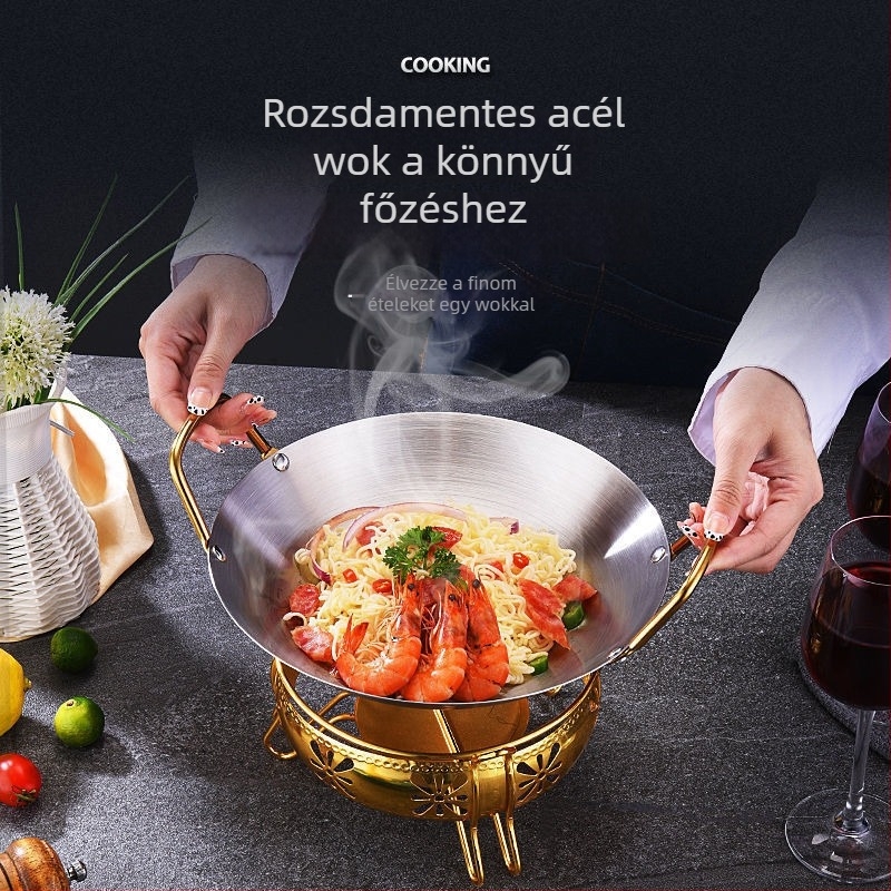 Nem mágneses rozsdamentes acél, koreai stílusú száraz edény arany színű fogantyúkkal, száraz edény lemez, alkoholos tűzhely, kis forró edény, vastagabb alja, éttermi használatra