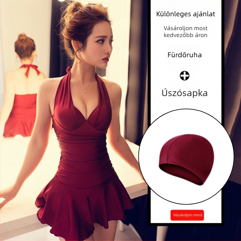 Női egyrészes fürdőruha szoknyás fazonban, hasi formázás, acél tartás a melltartóhoz, push-up kis melleknek, egyszínű, strandhoz és spahoz