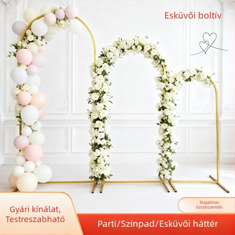 Esküvői dekor: esküvői kapu, színpadi háttér, üdvözlő és folyosó dekorációk, vas virágtartó