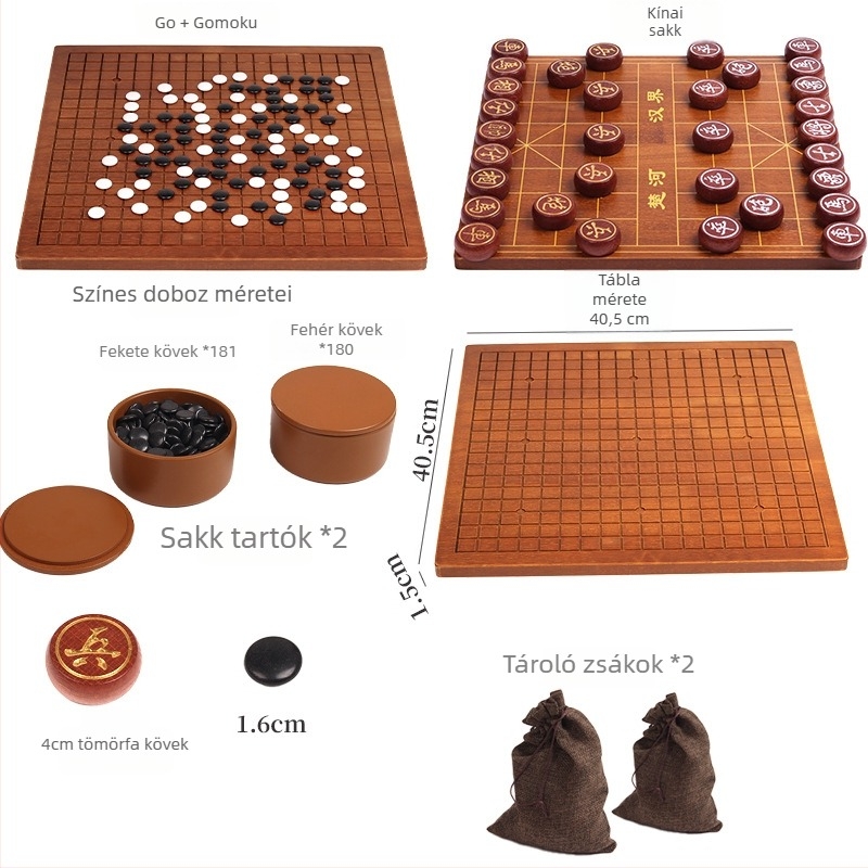 Két az egyben fa Go és Xiangqi táblás készlet fekete-fehér kövekkel, felnőtteknek és kezdőknek