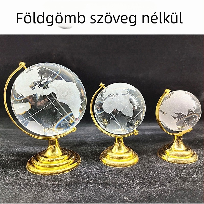 Állványos kristálygömb, forgó üveggömb, fém díszítéssel, asztali dekoráció