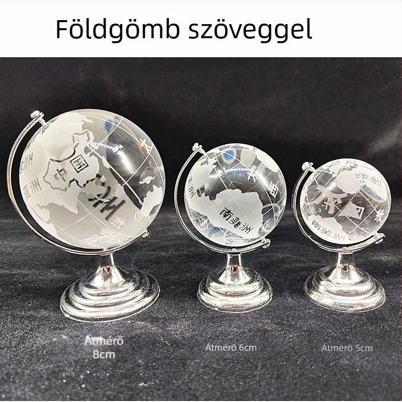 Állványos kristálygömb, forgó üveggömb, fém díszítéssel, asztali dekoráció