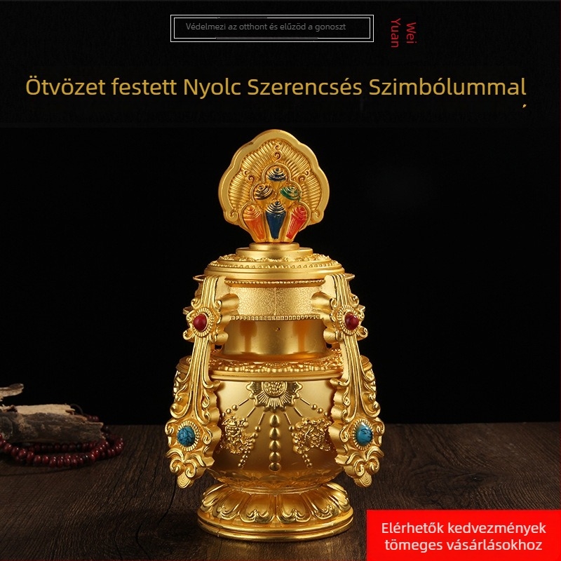 Festett nyolc szerencsés Mani palack lótusszal, tantrával, aranyozott liturgikus eszköz, kifinomult kidolgozás