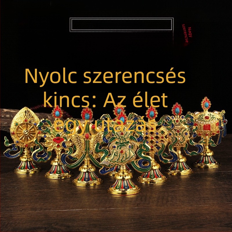 Tibeti buddhista nyolc boldogságos jelképek szett tantrikus rituális eszközökkel a Buddha oltárhoz