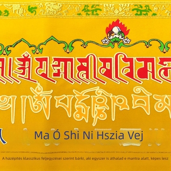 Tantrikus rituális eszközök buddhista oltárhoz: zászlók, velúr ajtófüggönyök, Ruyi-kerek és mantrák.