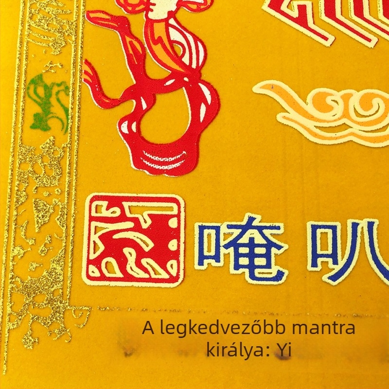 Tantrikus rituális eszközök buddhista oltárhoz: zászlók, velúr ajtófüggönyök, Ruyi-kerek és mantrák.