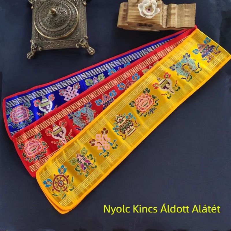 Tibeti stílusú etnikus kiegészítő finom hímzéssel — poháralátét és textil rituális eszközökhöz nyolc szerencsés jelképpel