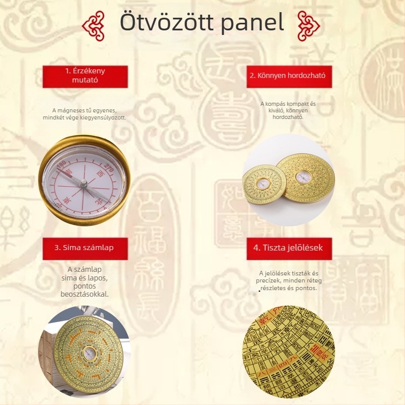 Feng Shui iránytű tiszta réz panellel, hordozható Bagua tükör, nagy pontosságú
